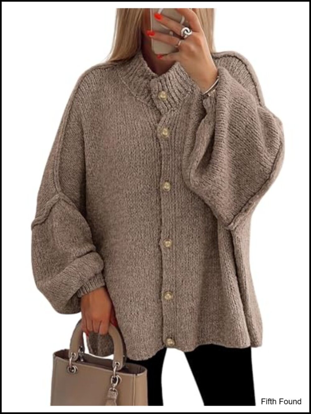 Oversized Chunky Knit Button Down Cardigan Sweater Mock Neck Lantern Sleeve
